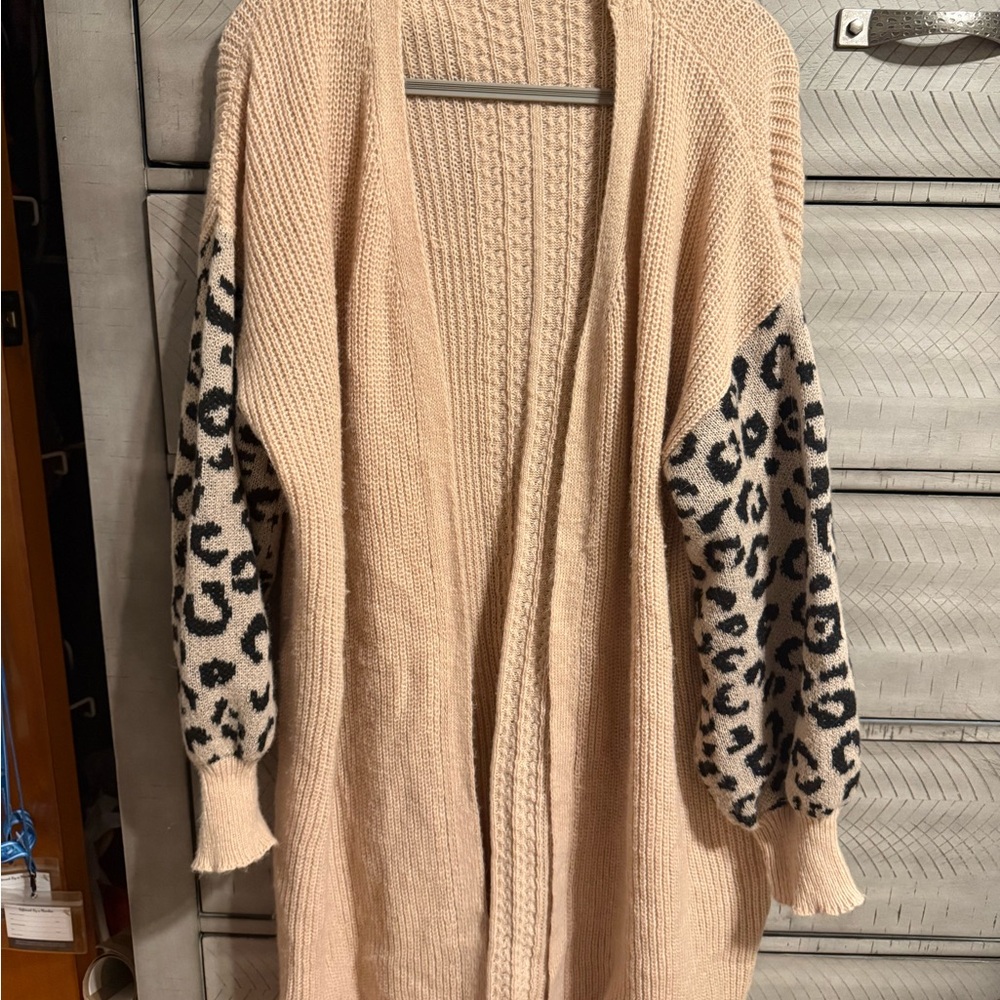 SHEIN Beige Cardigan with Leopard Print Sleeves